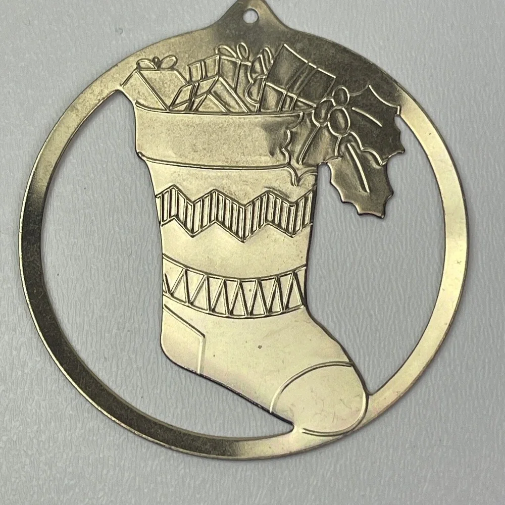 1983 Flat Brass Christmas Stocking and Toy Etched Ornament